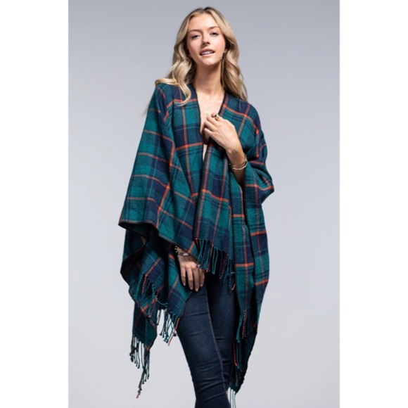 SOLD OUT Teal Plaid Blanket Ruana Knit Fall Winter Fringe Open Poncho Wrap - Picture 5 of 6